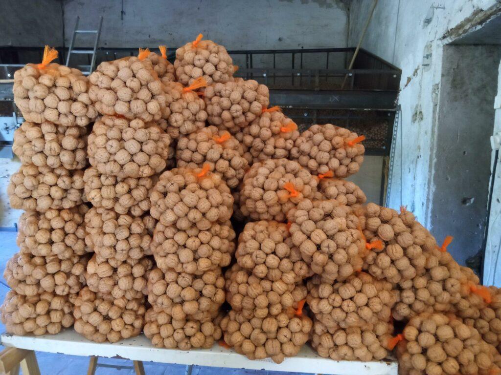Empilement de nombreux filets remplis de noix prêtes pour la vente stockés sur une table au Domaine de Ribbe