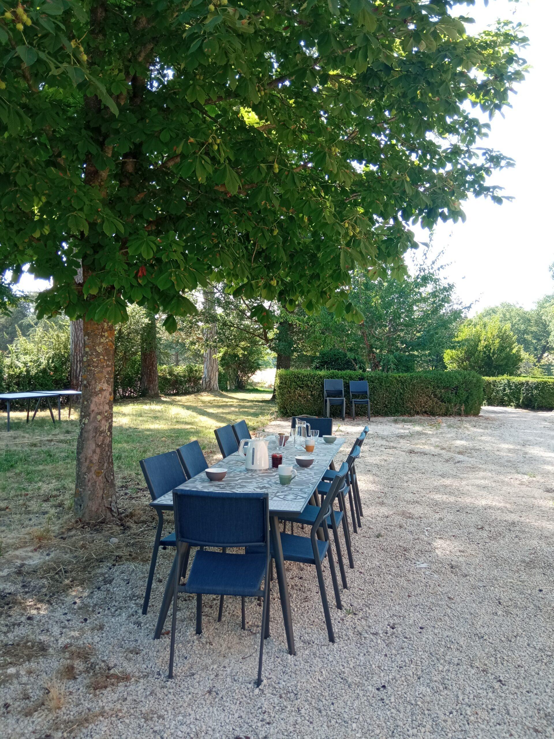 Table de jardin extérieur et espace déjeuner au Domaine de Ribbe